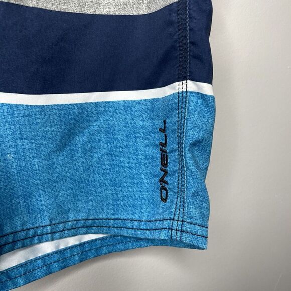O'NEILL Mens Blue White Black Stripe Board Shorts Unlined Hook & Loop 31 x 10 - Picture 5 of 8